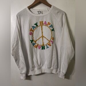 Women’s sweatshirt Stay Happy graphic  crewneck pull over white.  M